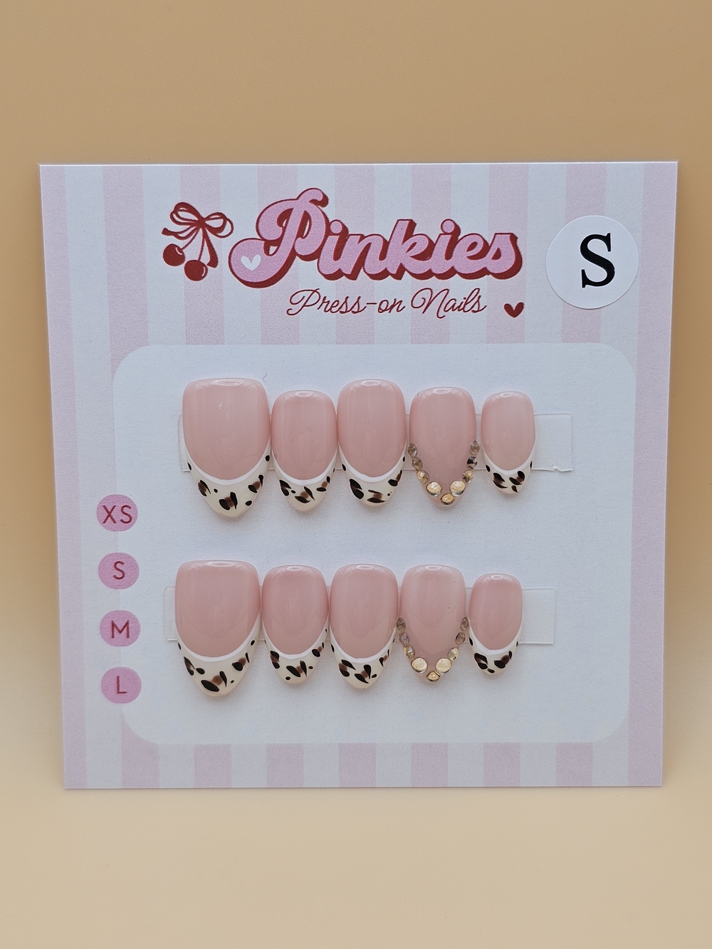 Press-on Nails Set 10pc Size S Short Almond Cheetah Animal Print French Tips Gem